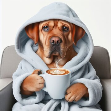 grumpy dog in bathrobe holding cup of coffee Isolated on white background
