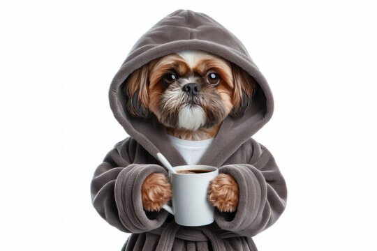 grumpy dog in bathrobe holding cup of coffee Isolated on white background