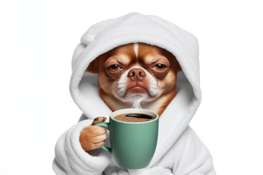 grumpy dog in bathrobe holding cup of coffee Isolated on white background