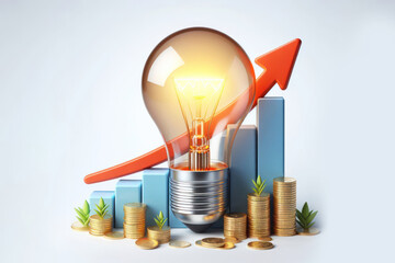 Light bulb with grow up arrow rise in price of electricity Isolated on white background