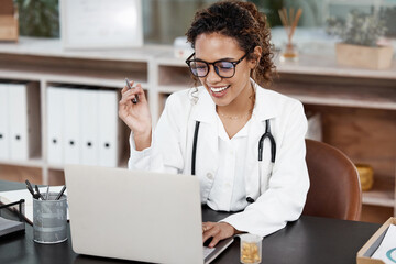 Female doctor, laptop and call in office with smile for meeting with remote collaboration for consult. Video, conference and virtual examination with telehealth or appointment schedule on computer