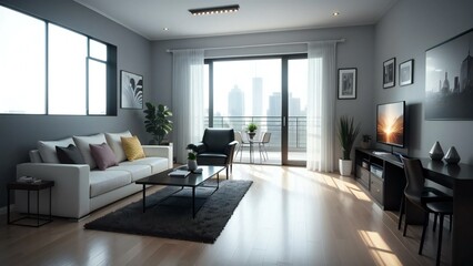 Modern and airy living room with expansive city views, showcasing sleek furniture and minimalistic decor