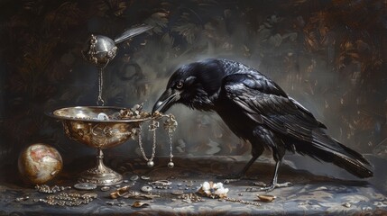 Urban Crow Displaying Magpie-Like Behavior, Collecting Shiny Objects for Nest Adorned with Trinkets, Emphasizing Secret Hoard and Urban Treasure Hunter Concept.