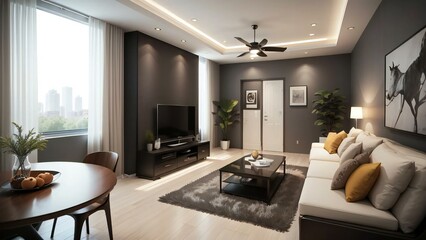 Fototapeta premium Elegant contemporary living room design featuring natural light, stylish furniture, and a picturesque urban skyline through large windows