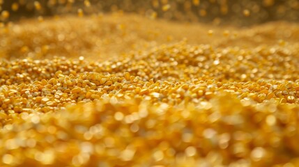 A close-up view of a large pile of harvested corn kernels, basking in the warm sunlight on an autumn afternoon.