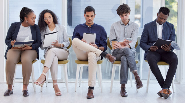 Office, business people and waiting in row for recruitment, interview and corporate meeting. Candidates, notes or information for preparation, remember and memory for hiring position in workplace - Powered by Adobe