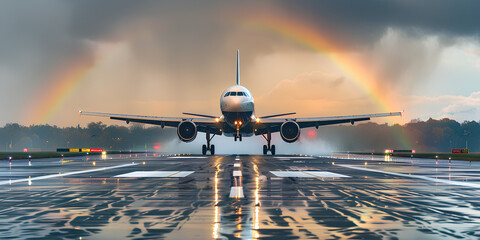 an airplane takes off from the end of the runway
