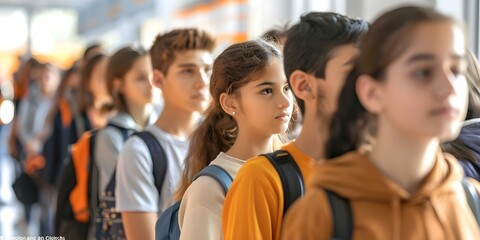 Queue of people in school enrollment process A diverse queue of people including students of different ages and backgrounds during the school enrollment process. Concept School Enrollment Process