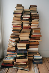 Towering pile of various books