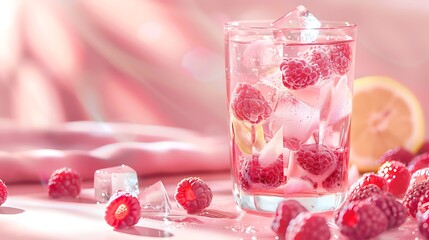 A glass of pink lemonade with raspberries floating on top, served with a side of ice for extra chill.