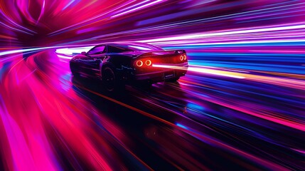 Fototapeta premium Blur light trail, neon colors, fast motion, close up, focus on, copy space, bright and striking hues, Double exposure silhouette with speeding cars