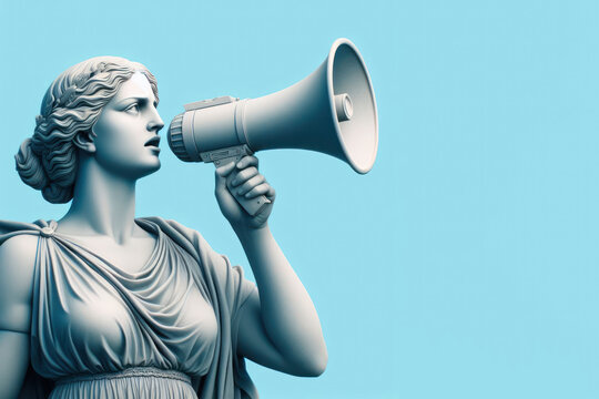 A statue of a woman with a megaphone in his mouth on solid blue background