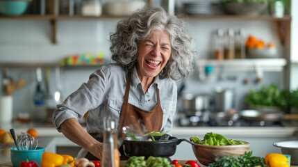 Joyful Senior Woman Cooking Healthy Meal in Sunny Kitchen