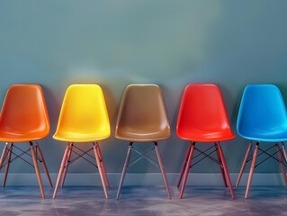 modern colorful chairs in a row against blue wall interior design