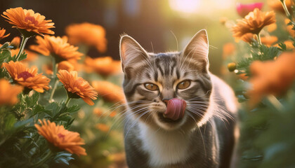 cat with orange flowers sticking out his tongue and walking in the garden
