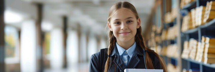 Portrait of a young schoolgirl smiling and holding books in a library setting. Generated AI