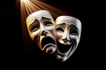 Comedy and tragedy masks reflecting joy and sadness Isolated on black background spot light