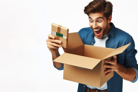 Excited man unboxing delivery looking into open cardboard Isolated on white background copy space