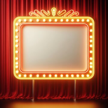 Retro billboard white sign with glowing yellow neon light bulbs on red curtain background