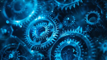 Blue tones, interlocking gears, engineering concept, focus on, vivid colors, double exposure silhouette with gears