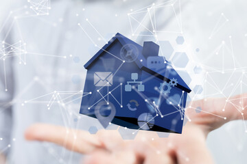 home iot - Neural network 3D illustration. Big data and cybersecurity