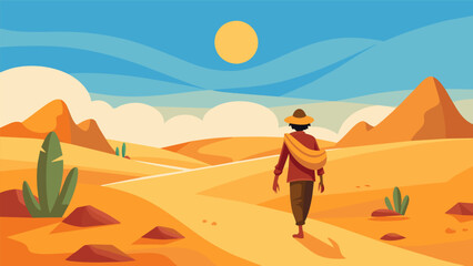 Walking through a virtual desert the explorer takes in the stunning sand dunes and expansive landscape feeling the dry heat on their face and the. Vector illustration