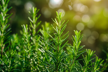 Close-up rosemary green leaves sunlight