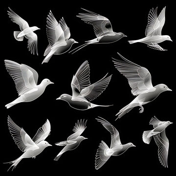 Many different birds drawn in white on a black background, creative background, for print and design, clothing decoration