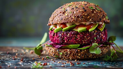 A luxury vegan burger with a beet and quinoa patty, topped with avocado and a tangy cashew cream, served on a multigrain bun. - Powered by Adobe
