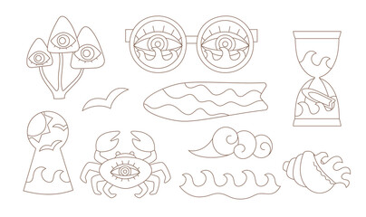 Line groovy hippie cartoon 70s. Black linear psychedelic vector art.