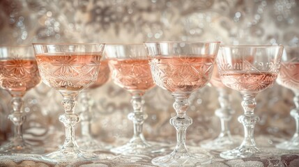 Obraz premium Photo of multiple glasses filled with sparkling rosé wine, creating a celebratory and elegant atmosphere with soft lighting.