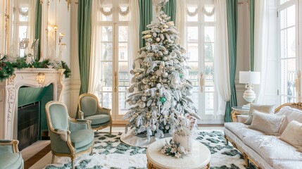 Photo of a luxurious living room with green and white Christmas decorations, including a decorated tree and matching furnishings, creating an opulent holiday atmosphere.