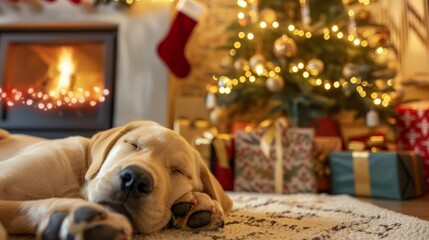 Photo of a sleeping puppy under a decorated Christmas tree with soft, glowing lights, creating a cozy and adorable holiday scene.