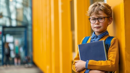 Back to school concept. Photo of a Caucasian boy with glasses, holding a notebook, standing against a bright yellow wall, wearing a blue shirt and orange sweater. - Powered by Adobe