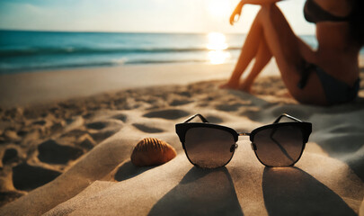 Sunglasses in the beach sand, blurred sitting woman looking at the sea and rests in the background in the sparkling summer sunshine