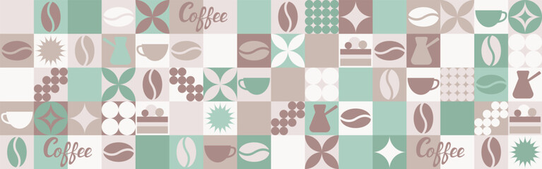 Coffee seamless background for textile and wallpaper with geometric shapes and coffee beans. Fashionable splash template with a cup in brown and green tones.