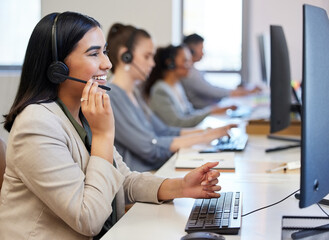 Call center, profile and woman with headset, support and communication in office with pride. Happy,...