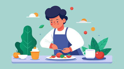 A student carefully plating their dish taking time to arrange each ingredient with mindfulness and gratitude.. Vector illustration