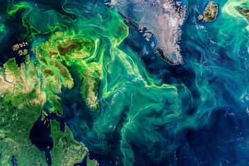 Global Satellite Images Showing Algae Blooms Caused by Nutrient Pollution, Highlighting Scientific Study and Prevention Strategies.