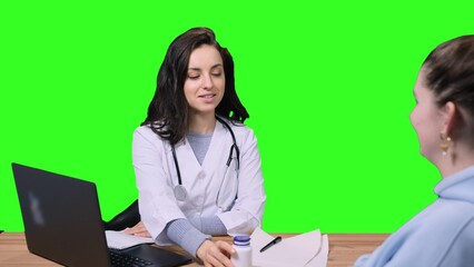 Female doctor giving recommendations for treatment for lady on the chroma key