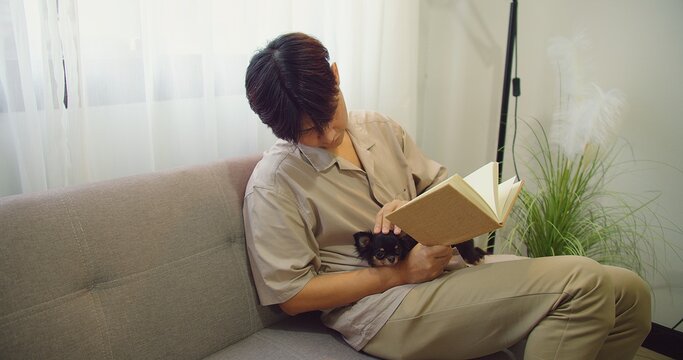 Asian man sitting on a couch stroking lovely fluffy cat with hand on his lap while reading a book in his hand in cozy living room, Relaxed cute animal pet in owner arms, pet lover, leisure hobby