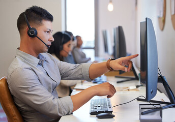 Callcenter, man and help in technical support chat with advice for customer on computer. Virtual,...