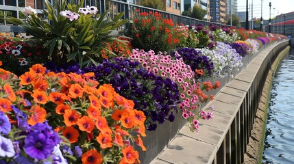 early morning sun highlights the vibrant colors of the petunias