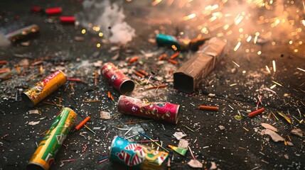 Fireworks and firecrackers scattered on the ground after being ignited in festivities with leftover boxes from New Year s and Christmas celebrations including visible tubes and debris