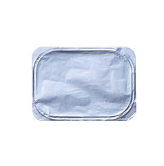 Plastic container for dairy foods with foil lid isolated on a white background, top view.