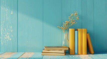 Colorful stack of books on a blue background with space for text Vintage hardback books on wooden...