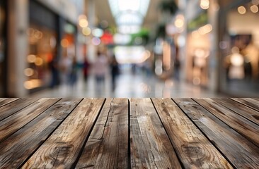 a wooden table in a shopping mall