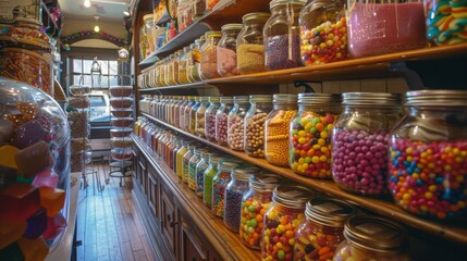 Rows of vibrant candy jars filled with assorted sweets line the wooden shelves of an old-fashioned candy store, with natural light streaming through the windows.