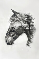  Double exposure: a horse and urban high-rise buildings at sunset