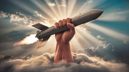 Social advertising about the cessation of hostilities. A muscular arm emerging from the clouds catches a rocket.